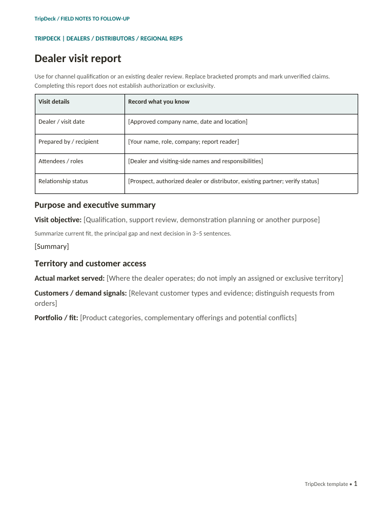 First page of the editable Dealer Visit Report Template for Equipment Sales Reps.