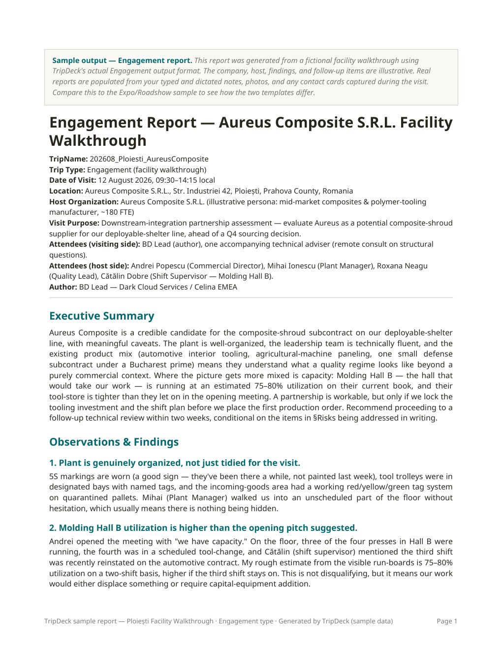 First page of the Engagement sample report — Ploiești facility walkthrough