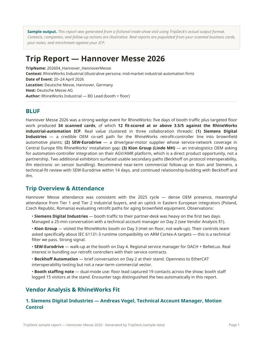 First page of the Expo sample report — Hannover Messe 2026
